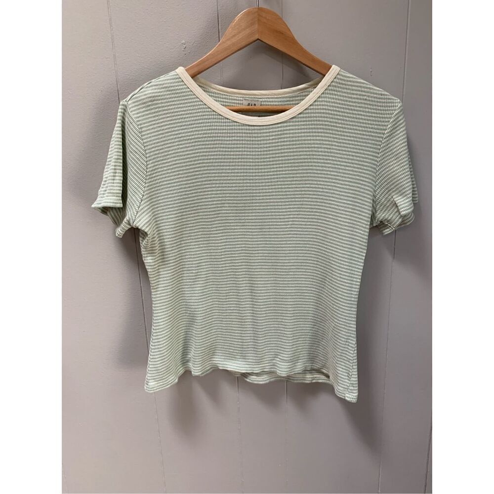 Gap Women’s Mint Green and White Stripped Top Large